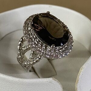 Smoky Quartz Sterling Silver Ring w/ White‎ Zircon Halo Statement Cocktail Sz 9